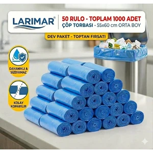 50 Rulo Orta Boy Çöp Torbası (Toplam 1000 Adet) – 55x60 cm Dayanıklı, Ekonomik ve Sızdırmaz Mavi Çöp Poşeti