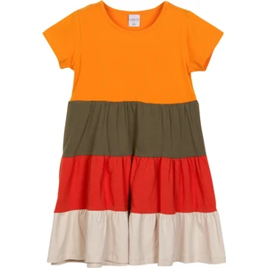 Kadmium Sarı-Taş Kat Kat Renkli Kız Çocuk Kısa Kollu Elbise