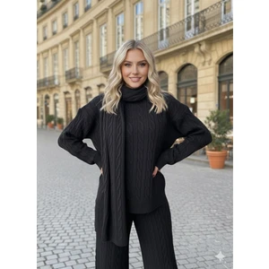 Anbly Collection Şal Atkı Detaylı Saç Örgü Desenli Pantolon Kazakikili Takım