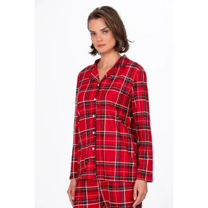 Kadın Süet Önden Düğmeli Pijama Takımı | Ekose Kiremit