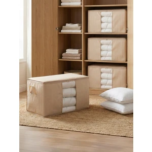 4 Adet Büyük Boy Pencereli Çizgi Desen Baskılı Krem Yastık Yorgan Düzenleyici Hurç Seti 75X40X40 cm