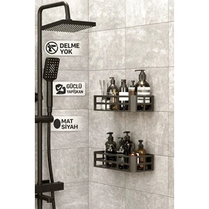 2li Set Banyo Duş Rafı Şampuanlık Sabunluk Siyah Yapışkanlı Duş Organizer Suya Dayanıklı Plastik