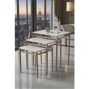 Damrin Serisi Açık Gri Mermer Mebran Mdf 3’lü Zigon Sehpa Takımı - Bronz Ayak