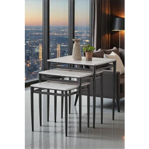 Damrin Serisi Gri Mermer 1. Sınıf Mebran Mdf 3’lü Zigon Sehpa Takımı - Siyah Ayak