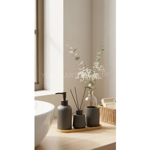 Yonca Hediyelik Bambu Tabaklı Seramik 3 Lü Banyo Seti Siyah