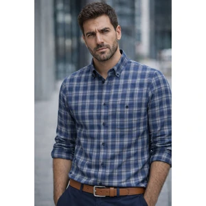 Erkek Lacivert Kareli Uzun Kollu Gömlek Klasik Rahat Kesim Pamuklu Cepli Gömlek