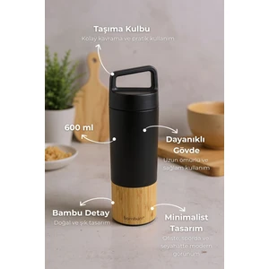 Janna - Bambu Desenli El Termosu Siyah 600ML