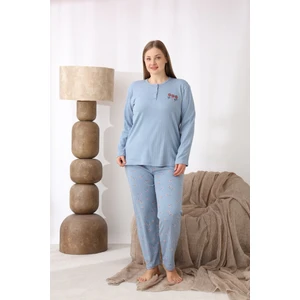 Kadın Kışlık Büyük Beden Curve Nakışlı Desenli Yakası Düğmeli Uzun Kollu Pijama Takımı