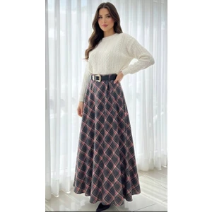 Enga Vera Kadın Ekose Desenli Uzun Yüksek Bel Yandan Fermuar Kışlık Etek (Astarlı Dökümlü Model)