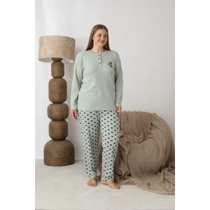 Eyfuze kadın Büyük Beden Desenli Yakası Düğmeli Uzun Kollu Kışlık Pijama Takımı