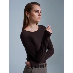 10840 Kayık Yaka Kaşmir Karışımlı Kazak-Koyu Kahve