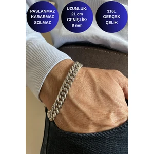 Zincir Model 316L Erkek Çelik Bileklik Paslanmaz Parlak Gümüş Renk  21 cm 8 mm