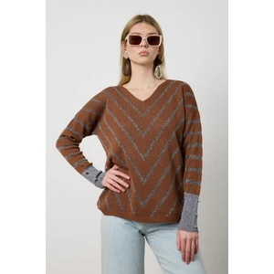 Moda Days Kadın V Yaka Simli Desenli Triko Kazak Şık Günlük Kullanım