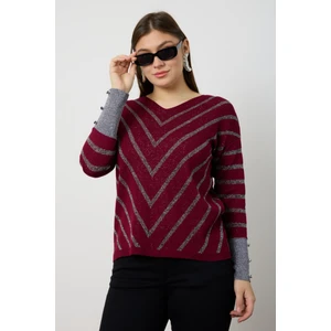 Moda Days Kadın V Yaka Simli Desenli Triko Kazak Şık Günlük Kullanım