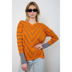 Moda Days Kadın V Yaka Simli Desenli Triko Kazak Şık Günlük Kullanım