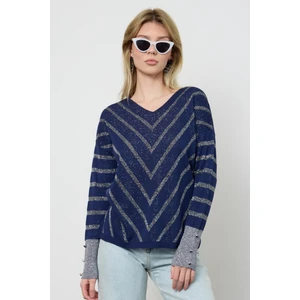 Moda Days Kadın V Yaka Simli Desenli Triko Kazak Şık Günlük Kullanım