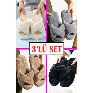 3'lü Set Peluş Çapraz Bant Kadın Ev Terliği Rahat ve Şık Kışlık Hafif  Kaymaz