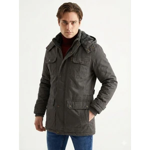 Erkek Askeri Yeşil Kapüşonlu Kürk Astarlı Su Geçirmez Kalın Kaban 2445