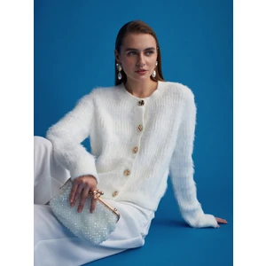 60990 Yün Karışımlı Düğmeli Triko Hırka-Ekru