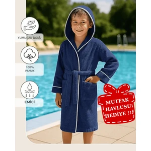Çocuk Bornoz | %100 Pamuklu-Lacivert-Yumuşak Doku-Kapüşonlu-Cepli-Biyeli