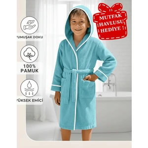 Çocuk Bornoz | %100 Pamuklu-Turkuaz-Yumuşak Doku-Kapüşonlu-Cepli-Biyeli