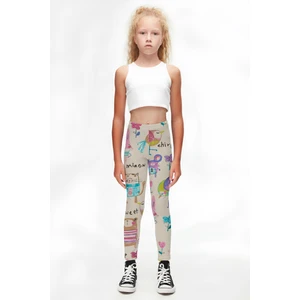 Bej Chirping Animals Kız Çocuk Yazlık Desenli Tayt