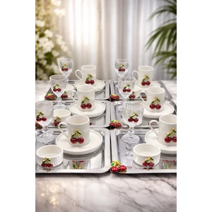 6 Kişilik Kiraz Porselen Kahve Fincan Takımı Seti Kahve Yanı Bardak ve Kare Metal Sunum Tepsi