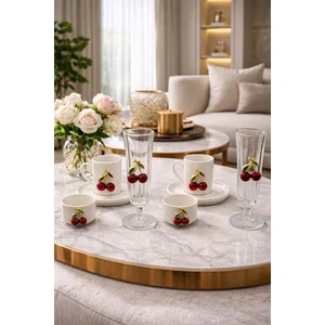 2 Kişilik Porselen Kiraz Fincan Takımı Seti ve 2 Adet Porselen Kiraz Lokumluk ve 2 Adet Cam Bardak