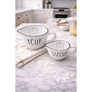 Veva Desenli Beyaz Porselen 2'li Ölçü Bardağı Seti 240 ml ve 480 ml Kahve Çay Sunumu