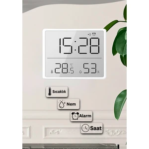 Dijital Oda Termometre Sıcaklık ve Nem Ölçer Masa Saati Alarm LCD Ekran Duvara Takılır BEYAZ