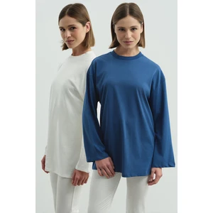 Geniş Kol Oversize 2'li Paket T-Shirt 964 Ekru/indigo