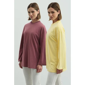Geniş Kol Oversize 2'li Paket T-Shirt 964 Sarı/gül Kurusu