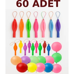 60 Adet Lastikli Zıpzıp Balon Ipli Punch Panç Büyük Balon