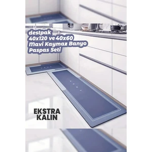2 Adet Mavi Su Emici Kaymaz Tabanlı Banyo Paspası Seti - Mutfak Tezgah Önü Paspası - 50X70 ve 40X120
