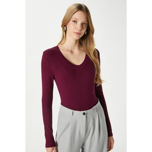 Kadın Zera Lux Touch V Yaka Bordo Bluz