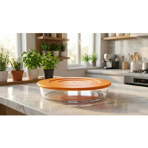 Turuncu Plastik Kapaklı Sade Yuvarlak Büyük Cam Tepsi - 31 cm - 45214