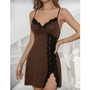 Kadın Kahverengi  Askılı Siyah Dantelli Gecelik Browny