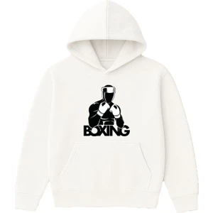 Boxing Tasarım Baskılı Oversize Beyaz Kapüşonlu Sweatshirt