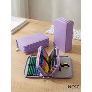 Nest Life Sunii Deri Lila Renk 3 Fermuarlı Kalemlik, Şık Kalem Kutusu