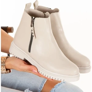 Günlük Kadın Bot Bej Cilt Çift Fermuarlı Kadın Bot & Bootie