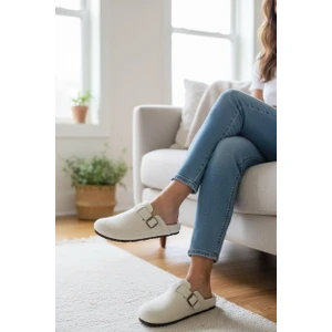 Tam Ortopedik Keçe Kadın Rahat ve Hafif Şık Krem Ev Terliği