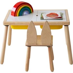 Wood & Joy Doğal Ahşap Duyusal Çocuk Aktivite Masası Oyun Masası ve Çocuk Çalışma Masası 1 Sandalye Seti