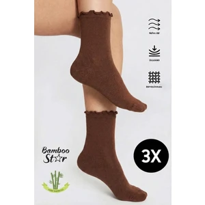 Bamboo Star Bambu Kadın Kahverengi Fırfırlı Lastiksiz Dikişsiz Kadın Soket 3lü Kahverengi Çorap/ İz Bırakmaz / Sıkmayan Çorap