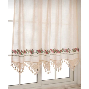 Tuncay Tekstil Buldan Işi Kırmızı Kanaviçeli El Dantelli Keten Kanaviçe Perde