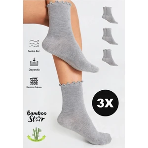 Bamboo Star Bambu Kadın Gri Fırfırlı Lastiksiz Dikişsiz Kadın Soket 3lü Gri Çorap/iz Bırakmaz /sıkmayan Çorap