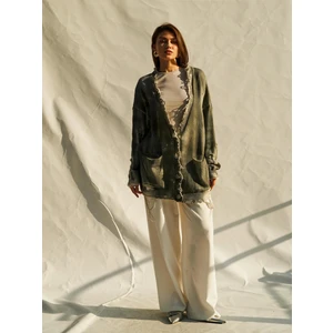 Çift Renkli Oversize Düğmeli Triko Hırka