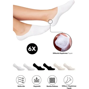 Bamboo Star Bambu Kadın Babet Çorap Dikişsiz Görünmez Kaydırmaz Topuk Silikonlu Premium 3siyah 3beyaz 6'lı Beyaz Paket