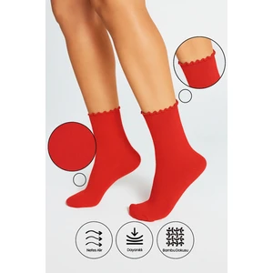 Bamboo Star Bambu Kadın Kırmızı Fırfırlı Lastiksiz Dikişsiz Kadın Soket Kırmızı Çorap/ İz Bırakmaz / Sıkmayan Çorap