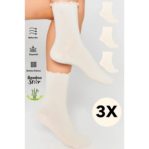 Bamboo Star Bambu Kadın Krem Fırfırlı Lastiksiz Dikişsiz Kadın Soket 3lü Krem Çorap/ Iz Bırakmaz / Sıkmayan Çorap