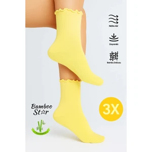 Bamboo Star Bambu Kadın Sarı Fırfırlı Lastiksiz Dikişsiz Kadın Soket 3lü Sarı Çorap/ Iz Bırakmaz / Sıkmayan Çorap